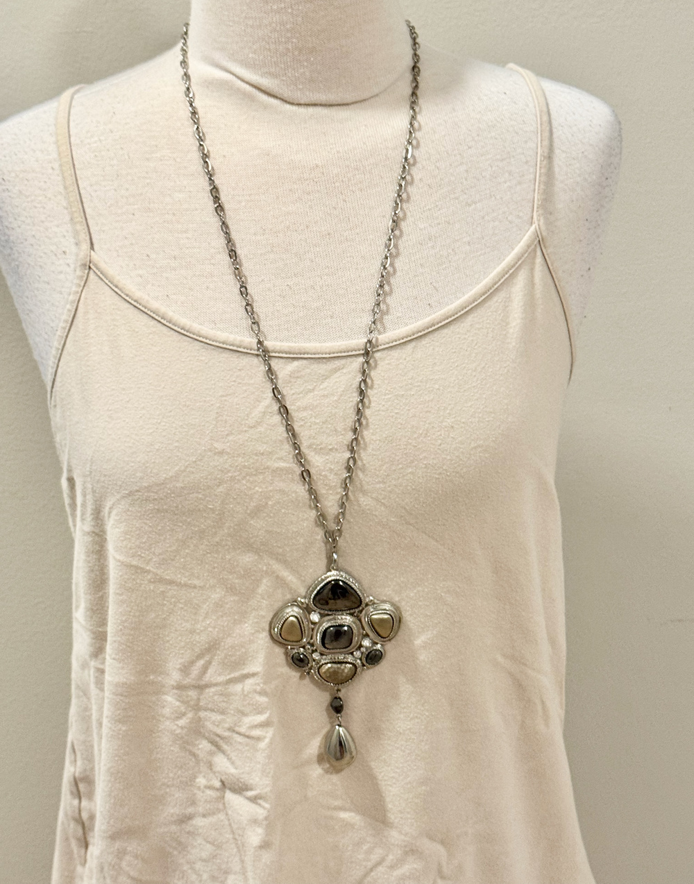 Vintage Genuine Chico's Mixed-Media Shield Statement Long Pendant Necklace 34" A